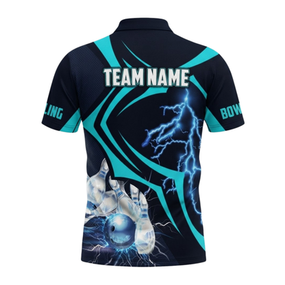 Custom Cyan Thunder Mens Bowling Polo Shirt, Custom Team Thunder Bowling Shirts BZ0662