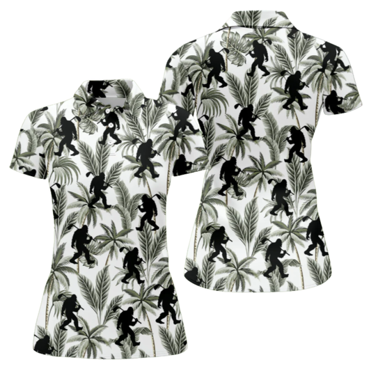 Women's Bigfoot Tropical Palm Leaves Golf Polo Shirt, Sasquatch Bigfoot Golf Shirt For Ladies GZ0279