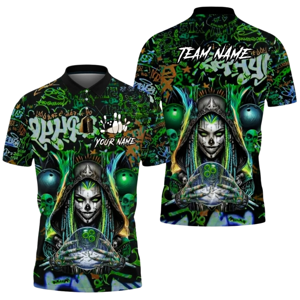 Men's Custom Cyberpunk Witch Graffiti Bowling Polo Shirt For Men, Custom Skull Team Bowling Shirt BZ0794