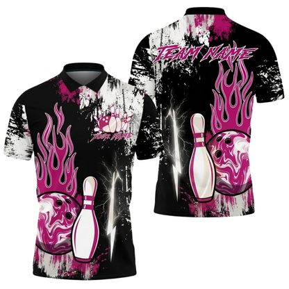 Custom Pink Flame Bowling Mens Polo Shirt, Custom Flame Bowling Team Shirt BZ0524