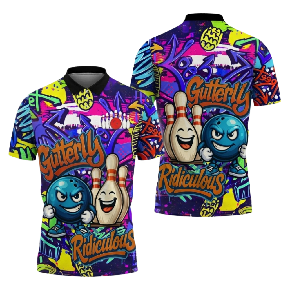 Gutterly Ridiculous Custom Graffiti Bowling Polo Shirts For Men, Custom Funny Bowling Team Shirts BZ1058