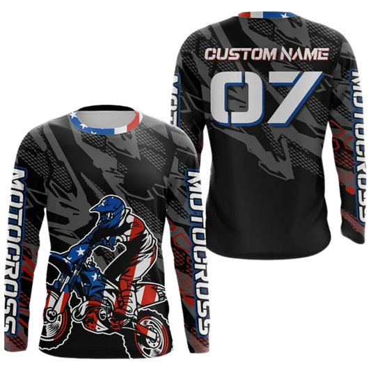 Custom USA Flag Biker Motocross Jersey Long Sleeve For Men, Custom Patriotic Racing Dirt Bike Shirt MZ0112