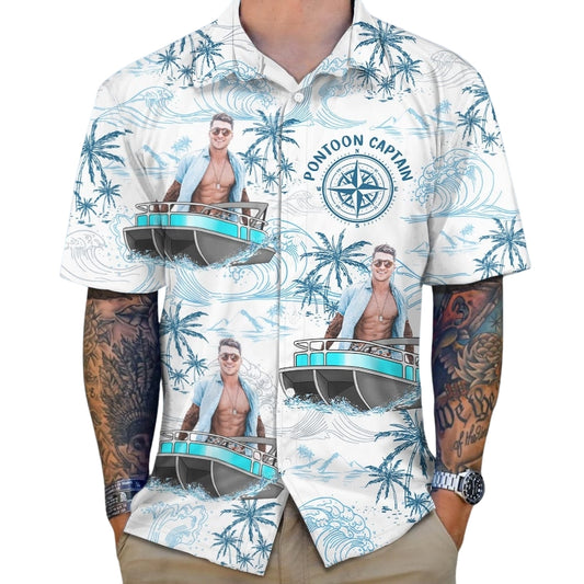 Pontoon Captain Custom Photo Beach Hawaiian Shirt For Men, Custom Boating Pontoon Hawaiian Shirt With Photo HE0493