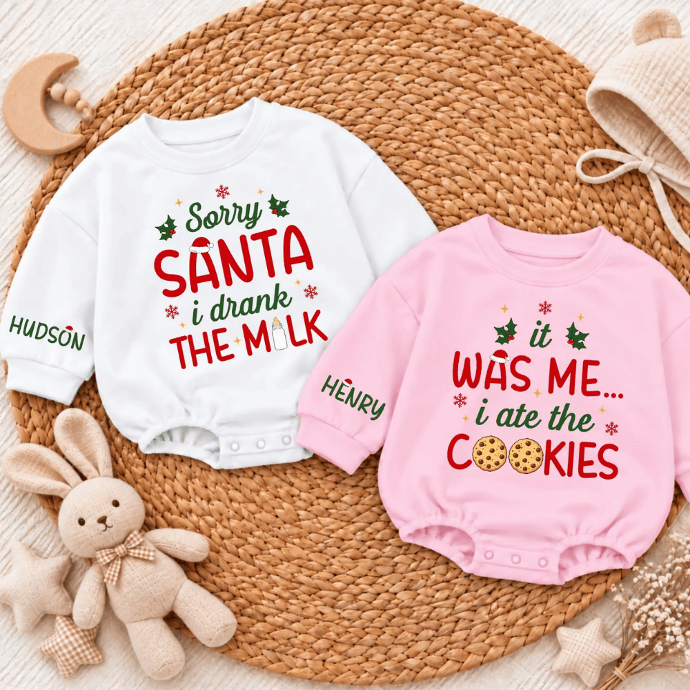 Custom Sorry Santa I Drank The Milk Matching Twin Baby Romper Sweatshirt, Personalized Funny Xmas Romper Sweatshirt For Twins Baby BB0968