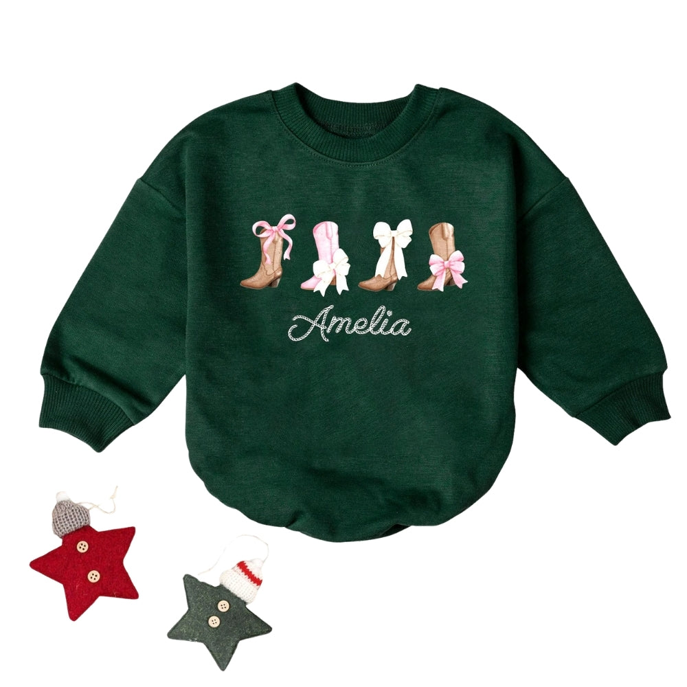 Coquette Cowgirl Boots Baby Romper Sweater, Western Baby Girl Romper Sweatshirt BB0211