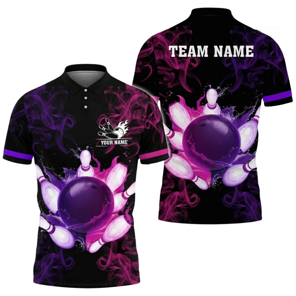 Custom Smoke Purple Green Bowling Polo Shirt For Men, Custom Team Bowling Shirts BZ0507