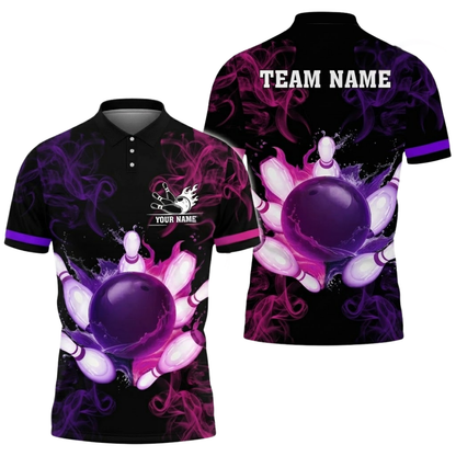 Custom Smoke Purple Green Bowling Polo Shirt For Men, Custom Team Bowling Shirts BZ0507