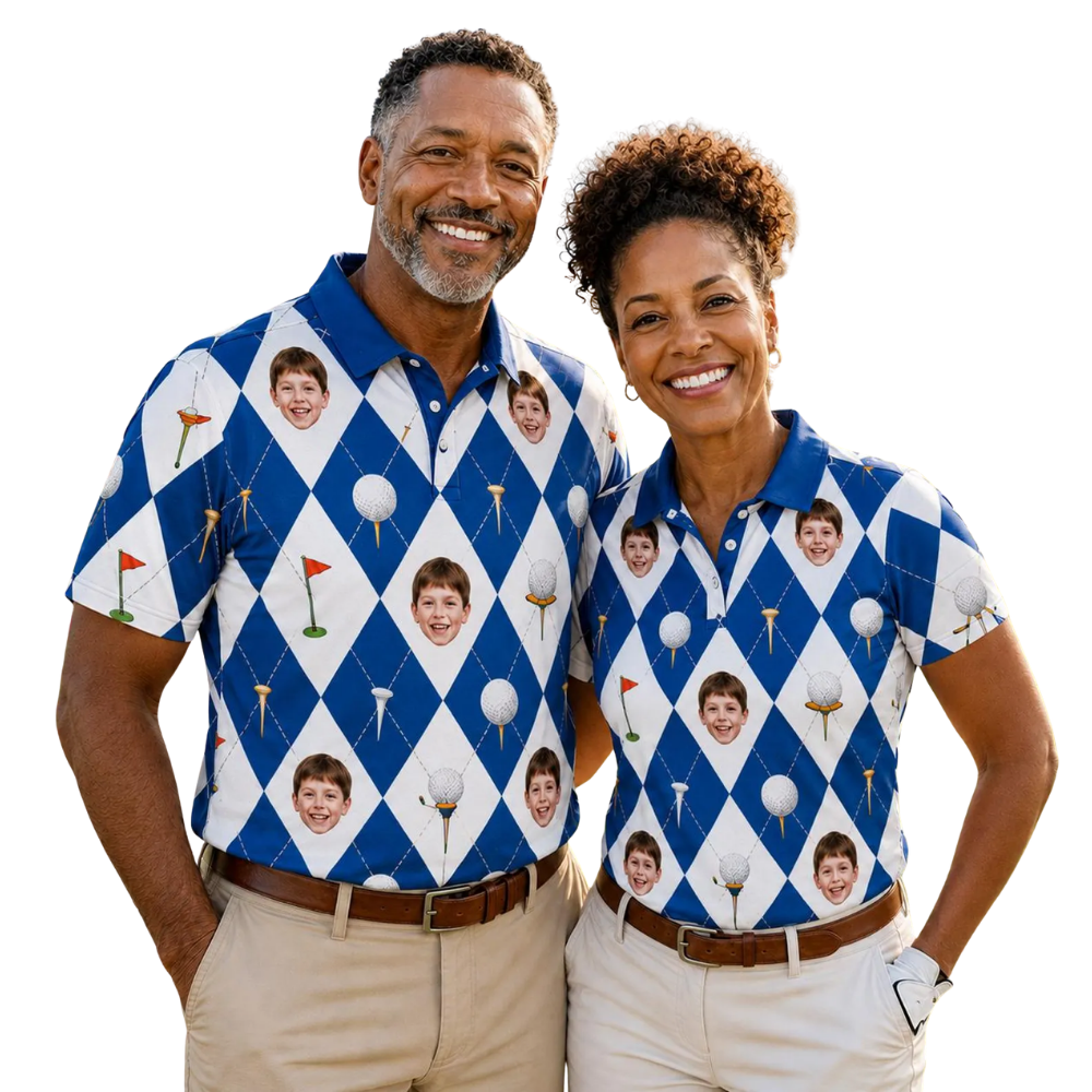 Custom Face Matching Golf Polo Shirt For His And Her, Custom Photo Golf Shirts For Couple GE0594