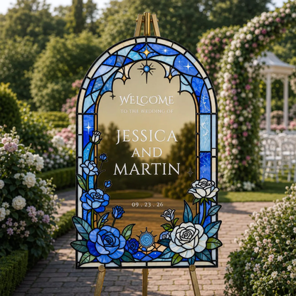 Custom Blue Rose Stain Glass Wedding Welcome Acrylic Signs, Custom Stained Glass Sign For Wedding WD0685