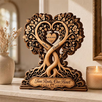 Two Roots One Heart Custom Couple Tree Layer Wooden Plaque, Custom Couple Wedding Keepsake Wooden Block WD0928