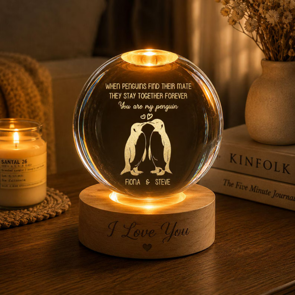 You Are My Penguin Custom Crystal Ball Led Night Light With Couple Name, Custom Penguin Wedding Keepsake Night Light WD0857