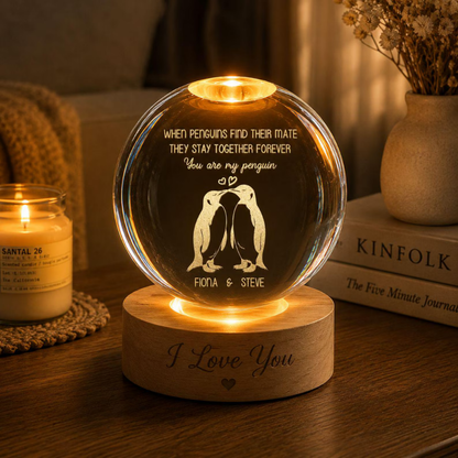 You Are My Penguin Custom Crystal Ball Led Night Light With Couple Name, Custom Penguin Wedding Keepsake Night Light WD0857