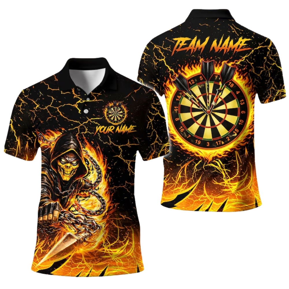 Custom Skull Flame Yellow Darts Polo Shirt Mens, Custom Skull Dart Team Shirts DE0096