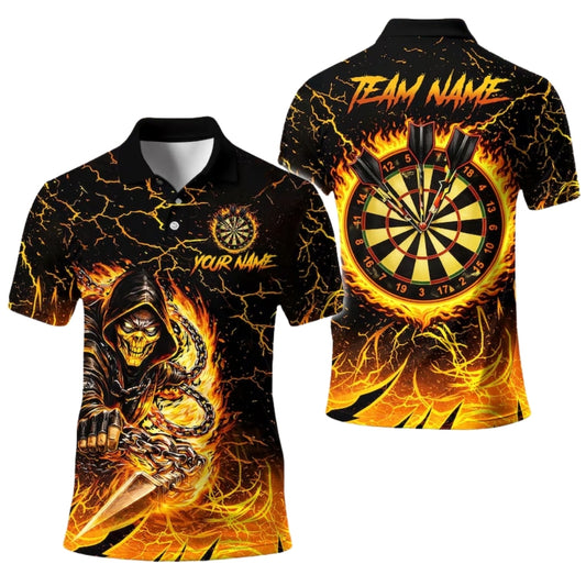 Custom Skull Flame Yellow Darts Polo Shirt Mens, Custom Skull Dart Team Shirts DE0096