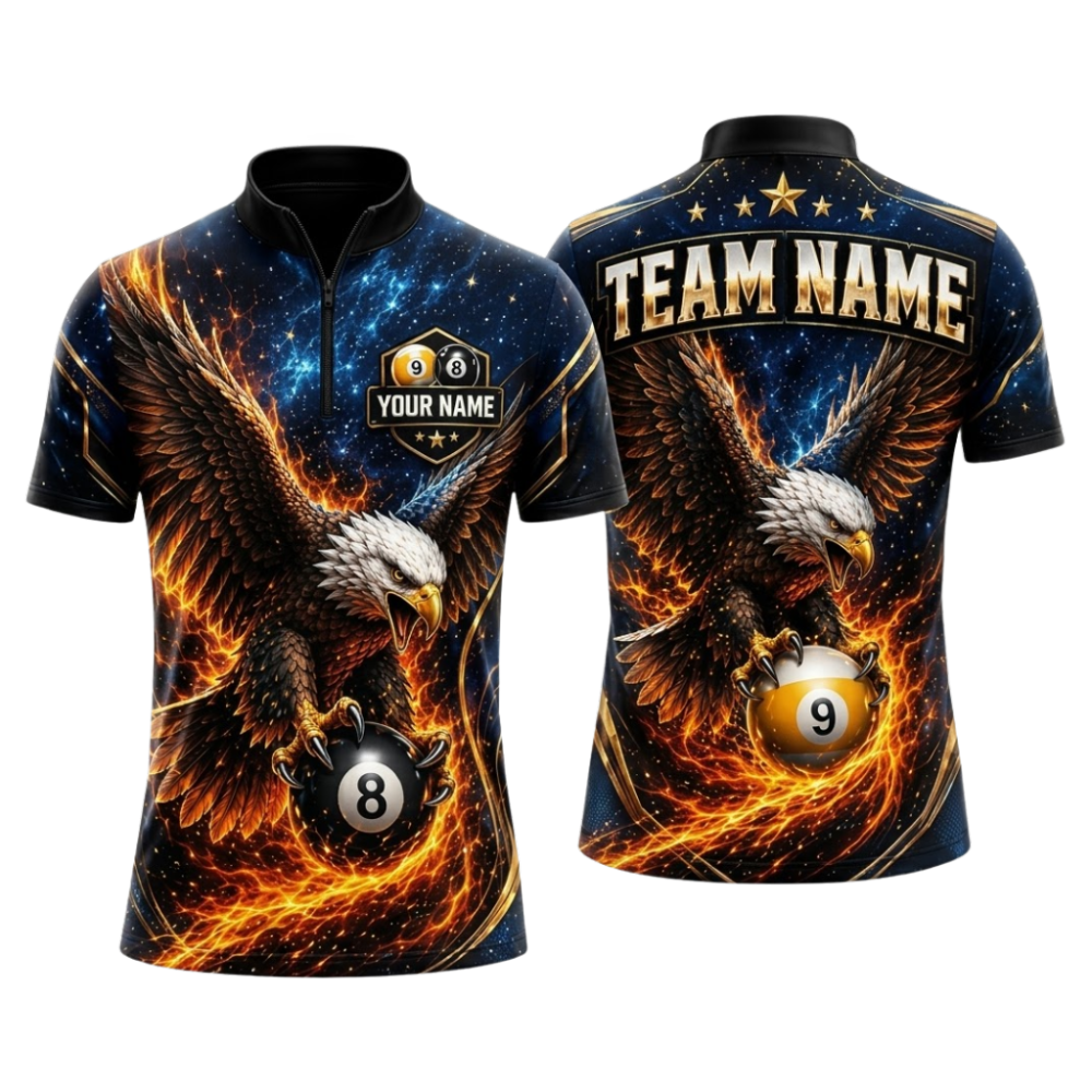 Custom Eagle 8 Ball 9 Ball Fire Men's Jersey Billiard Shirts, Custom Eagle Billiard Shirts For Team BIZ0331