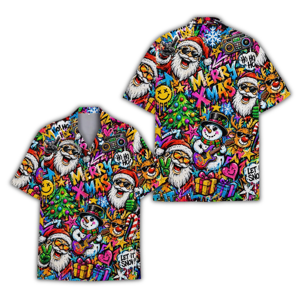 Funny Santa Snowman Graffiti Hawaiian Shirt, Christmas Colorful Hawaiian Shirt HE0925