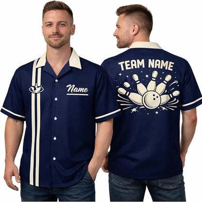 Custom Vintage Black Beige Hawaiian Bowling Shirt Men, Custom Vintage Bowling Team Shirts BZ0380