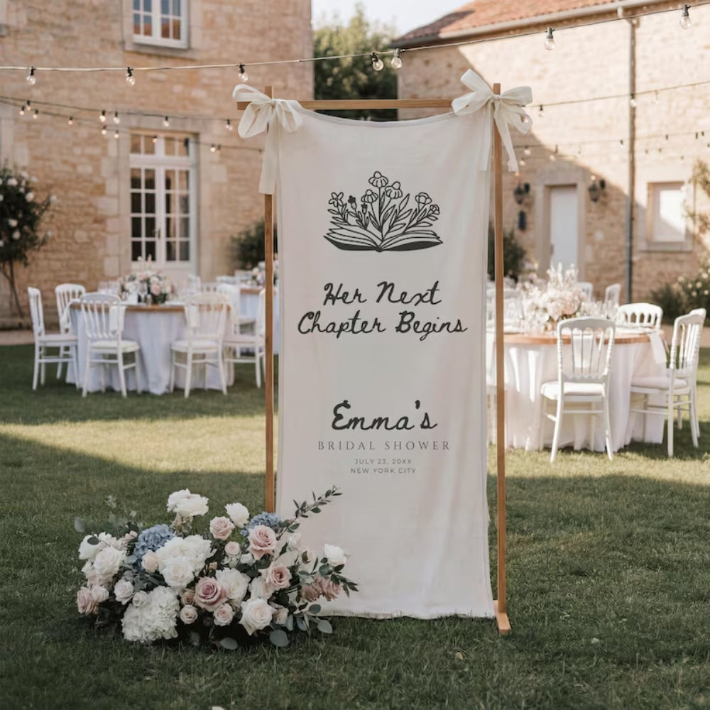 Custom Next Chapter Begins Bridal Shower Fabric Welcome Banner For Book Lover, Bookish Bridal Shower Welcome Fabric Sign WD0256