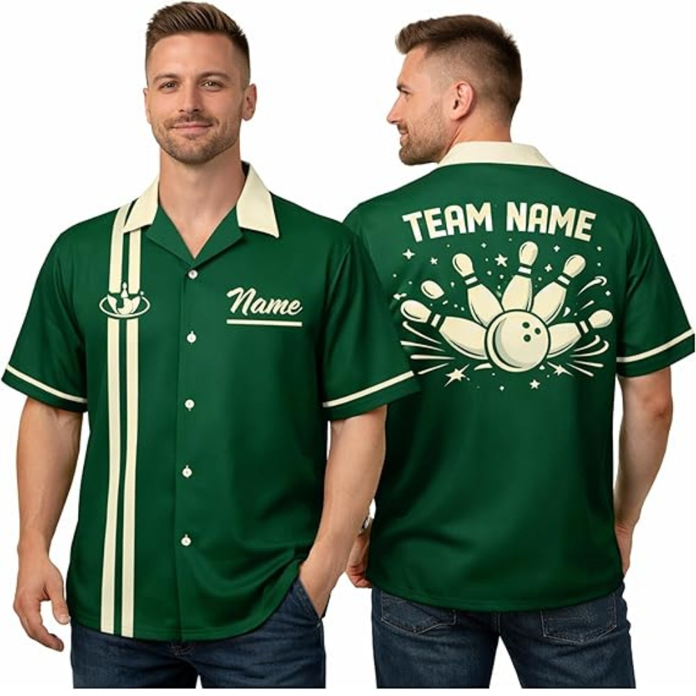 Custom Vintage Black Beige Hawaiian Bowling Shirt Men, Custom Vintage Bowling Team Shirts BZ0380