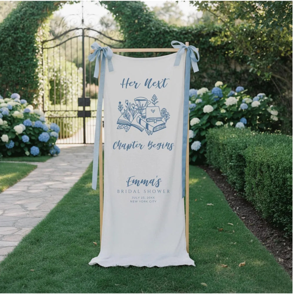 Custom Next Chapter Begins Bridal Shower Fabric Welcome Banner For Book Lover, Bookish Bridal Shower Welcome Fabric Sign WD0256