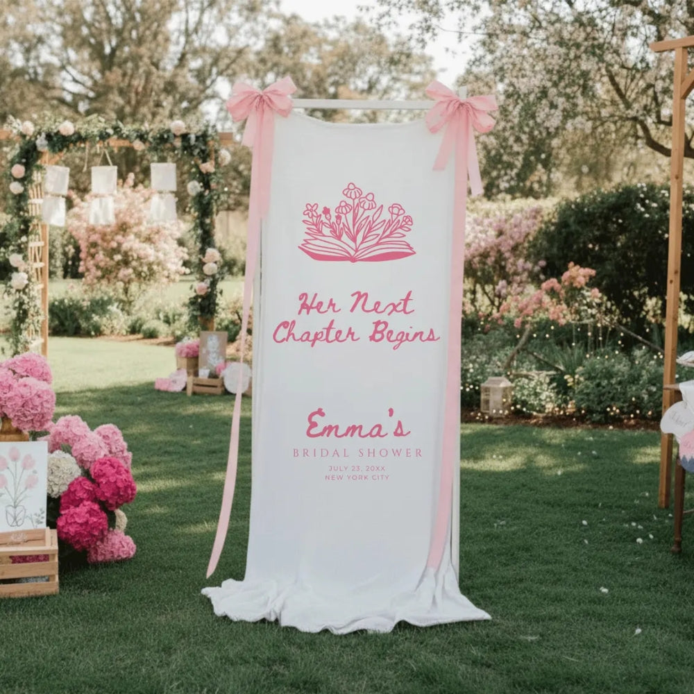 Custom Next Chapter Begins Bridal Shower Fabric Welcome Banner For Book Lover, Bookish Bridal Shower Welcome Fabric Sign WD0256