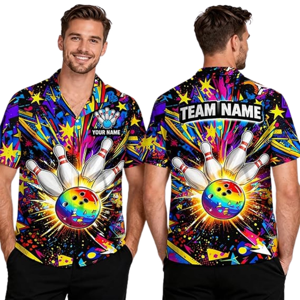 Custom Colorfull Graffiti Bowling Hawaiian Shirt Men Women, Custom Team Graffiti Bowling Shirts BZ0381