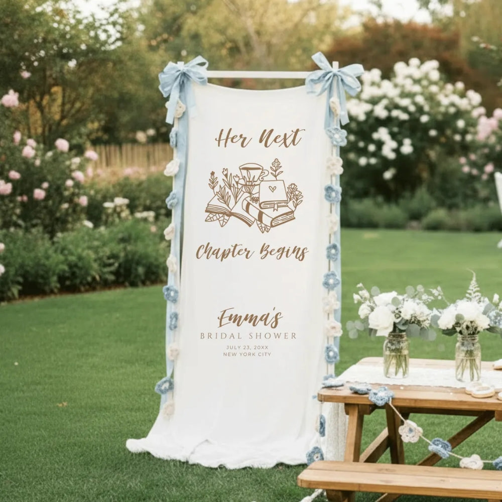 Custom Next Chapter Begins Bridal Shower Fabric Welcome Banner For Book Lover, Bookish Bridal Shower Welcome Fabric Sign WD0256