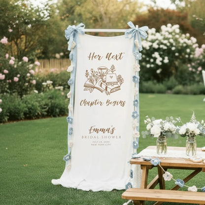 Custom Next Chapter Begins Bridal Shower Fabric Welcome Banner For Book Lover, Bookish Bridal Shower Welcome Fabric Sign WD0256