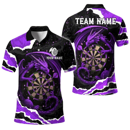 Custom Dragon Black And Purple Darts Polo Shirt For Men, Custom Dragon Dart Team Shirts DE0083