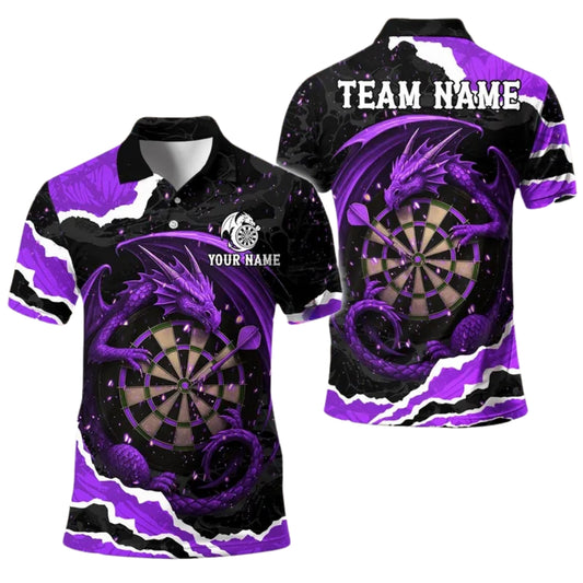 Custom Dragon Black And Purple Darts Polo Shirt For Men, Custom Dragon Dart Team Shirts DE0083