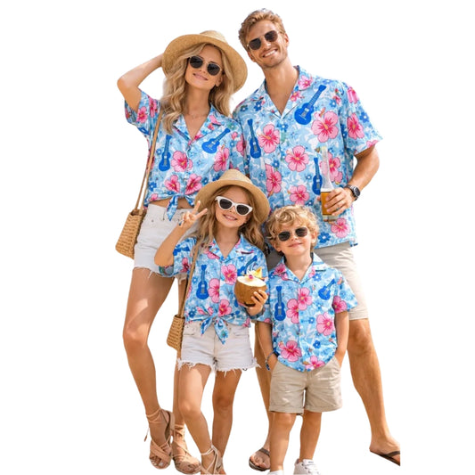 Hibiscus Ukulele Matching Family Hawaiian Shirt, Tropical Floral Ukulele Family Aloha Shirts ET0641