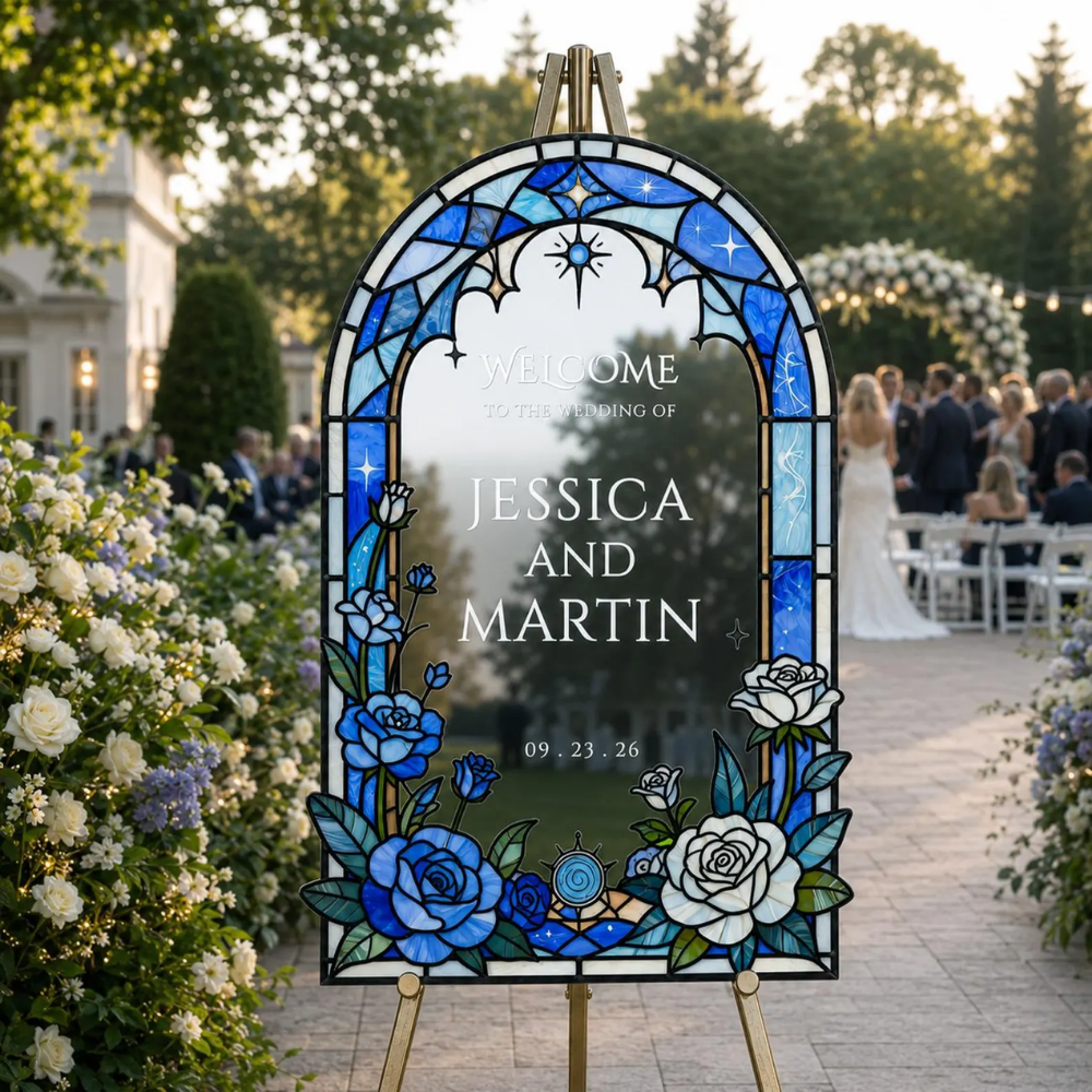 Custom Blue Rose Stain Glass Wedding Welcome Acrylic Signs, Custom Stained Glass Sign For Wedding WD0685
