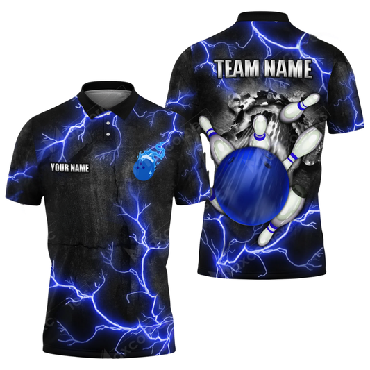 Custom Mens Thunder Bowling Polo Shirt Blue Black, Custom Thunder Bowling Team Shirt BZ0603