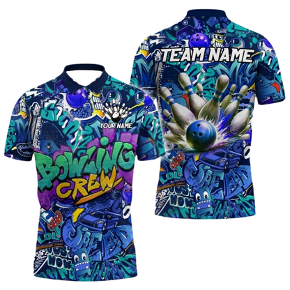 Custom Bowling Crew Graffiti Bowling Mens Polo Shirt, Custom Team Bowling Shirts BZ0664
