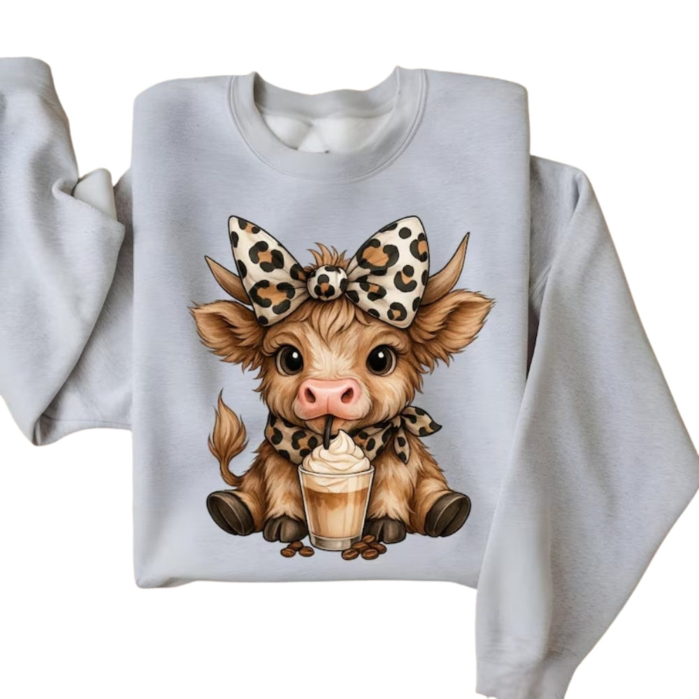 Cute Leopard Highland Cow Sweatshirt, Highland Cow Lover Iced Coffee Sweatshirt 2D0777