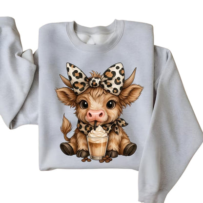 Cute Leopard Highland Cow Sweatshirt, Highland Cow Lover Iced Coffee Sweatshirt 2D0777