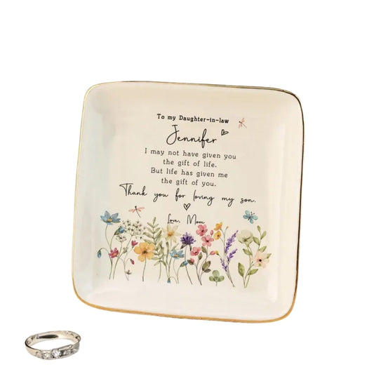 Personalized Floral Daughter In Law Wedding Ring Dish, Custom New Bride Jewelry Dish WD0080