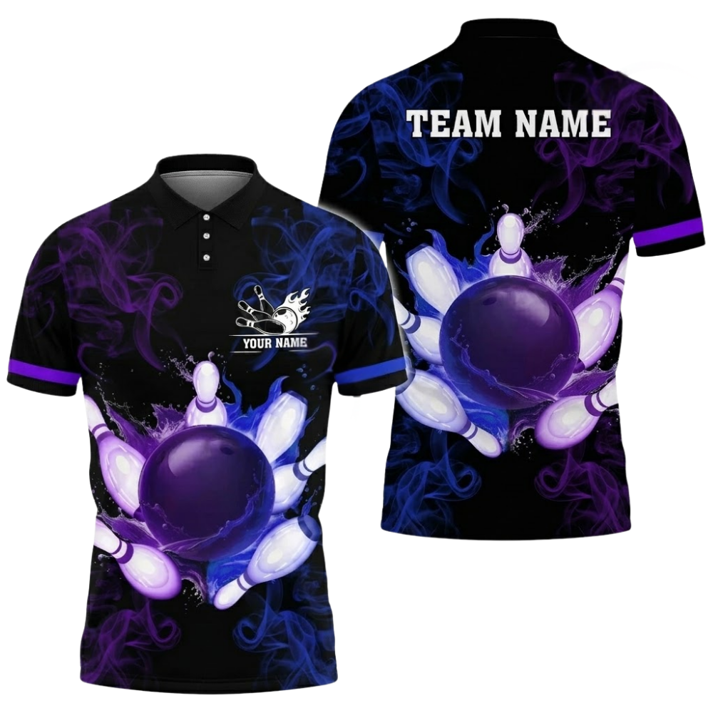 Custom Smoke Purple Green Bowling Polo Shirt For Men, Custom Team Bowling Shirts BZ0507