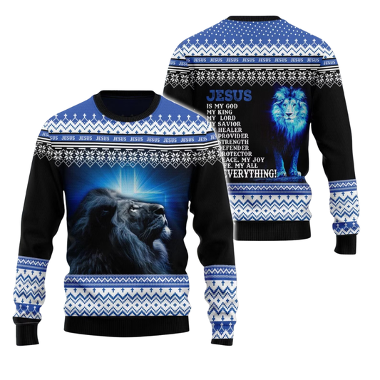 Lion Cross Jesus Blue Ugly Christmas Sweatshirt, Christian Faith Xmas Ugly Sweater 2D1289