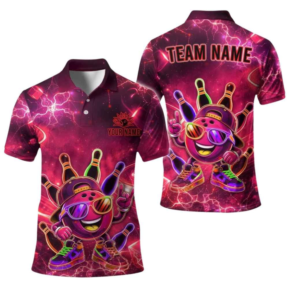 Funny Ball Custom Neon Green Bowling Polo Shirt For Men, Custom Bowling Team Shirts BE0254