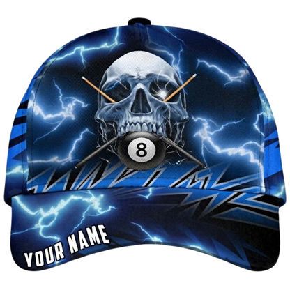 Custom Skull Blue Thunder Baseball Cap 3D Printed, Personalized Skull Billiard Player Hat CP0619