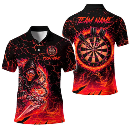 Custom Skull Flame Yellow Darts Polo Shirt Mens, Custom Skull Dart Team Shirts DE0096