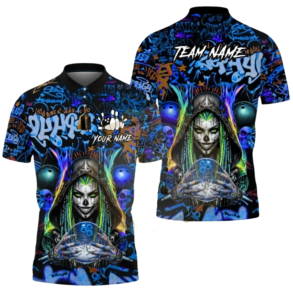 Men's Custom Cyberpunk Witch Graffiti Bowling Polo Shirt For Men, Custom Skull Team Bowling Shirt BZ0794