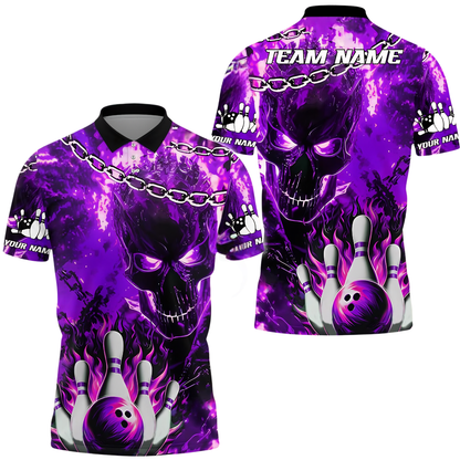 Custom Skeleton Blue Bowling Polo Shirt Mens, Custom Skull Bowling Team Shirts BE0209