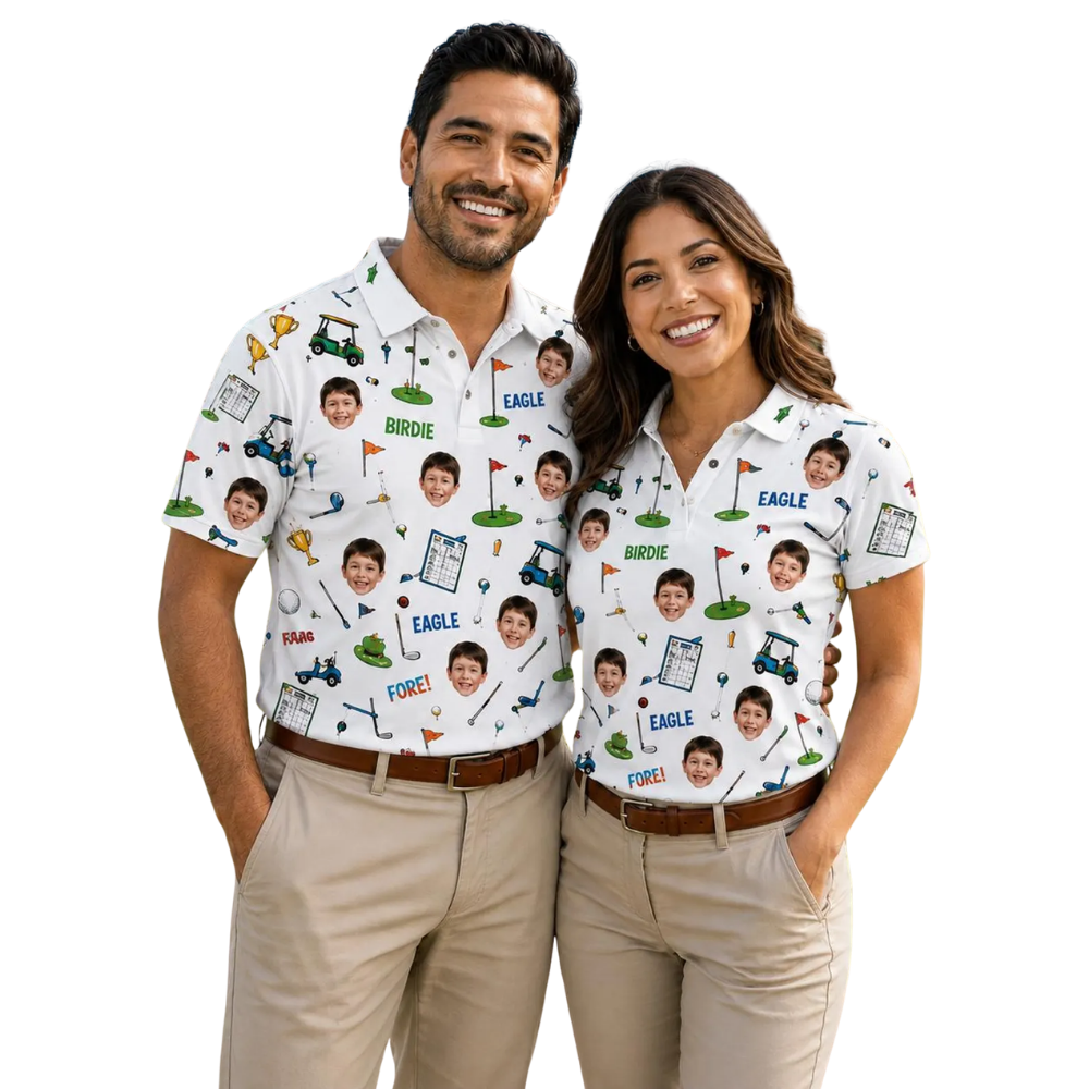 Custom Face Matching Golf Polo Shirt For His And Her, Custom Photo Golf Shirts For Couple GE0594