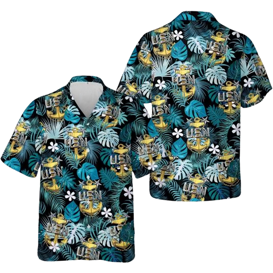 USN Naval Anchor Tropical Hawaiian Shirt For Men, US Navy Military Hawaiian Shirt For Veteran HE0472
