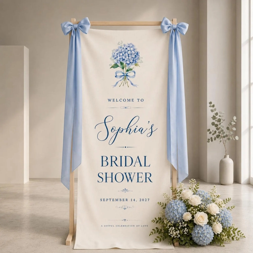 Custom Blue Hydrangea Bridal Shower Fabric Welcome Banner, Custom Floral Bridal Party Welcome Sign WD0407