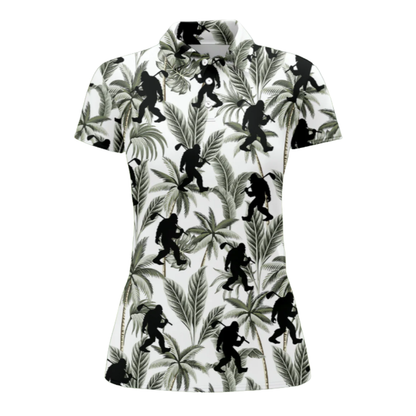 Women's Bigfoot Tropical Palm Leaves Golf Polo Shirt, Sasquatch Bigfoot Golf Shirt For Ladies GZ0279