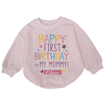 Happy First Birthday As Mommy Custom Baby Romper Sweatshirt, Custom Mom Birthday Romper Sweatshirt For Baby BB0529