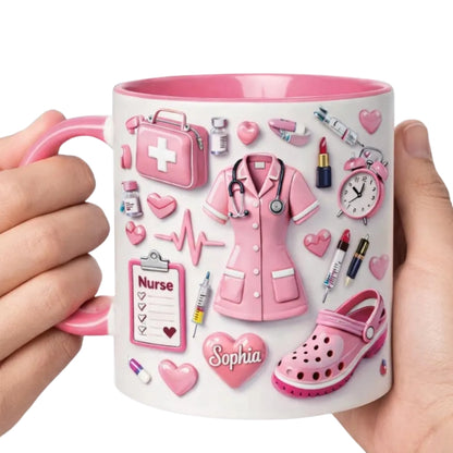 Personalized Nurse Pink 3D Printed Coffee Mug, Custom Name Mug Cup For Nurse ET0111